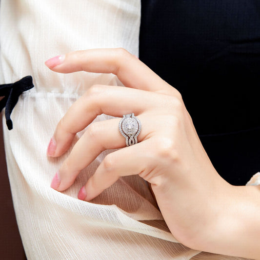 Geometric Silver Zircon Ring Set - 3 Pieces