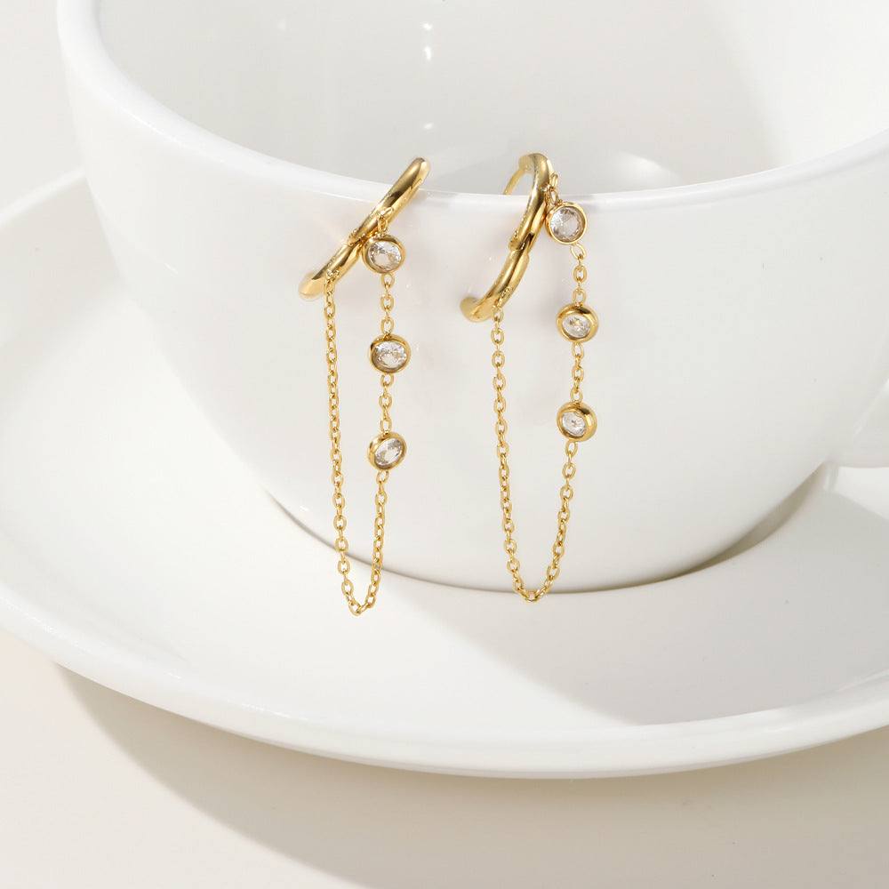 Internet Hot Chain Zircon Tassel Titanium Steel Earrings