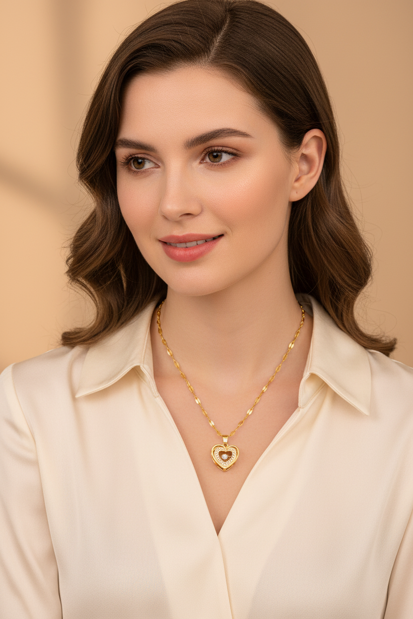 Woman wearing Rhinestone Heart Necklace